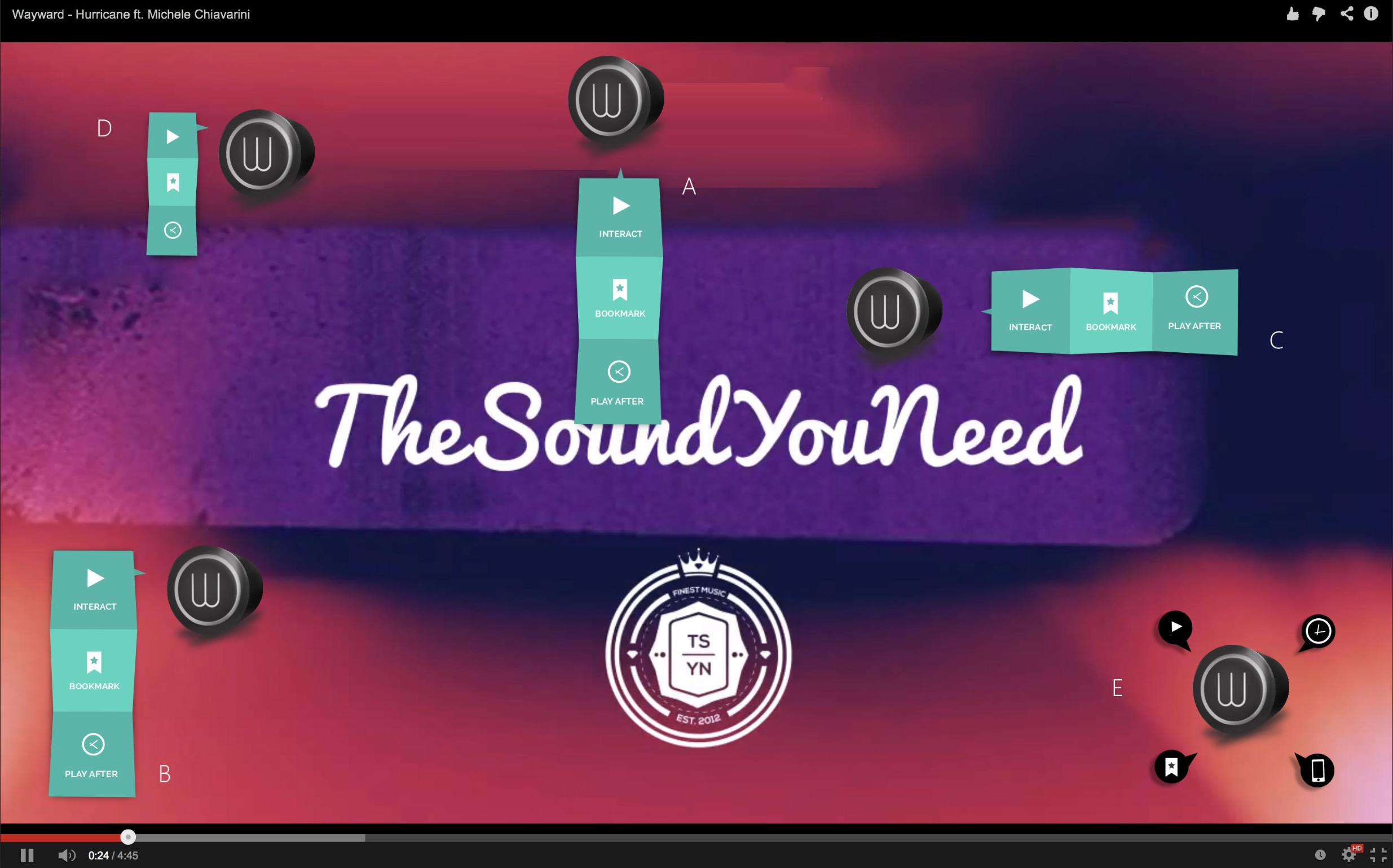 EyeseeTube demo: interactive menu states over a music video